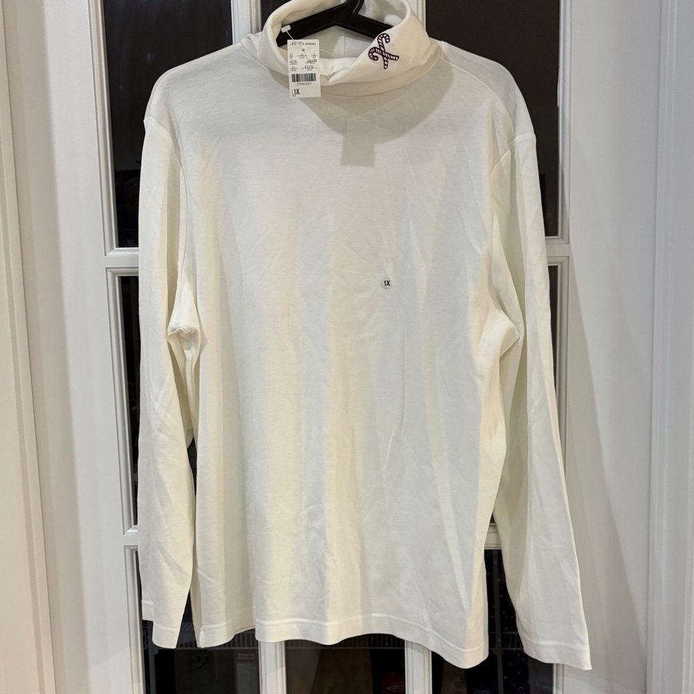 Women's Cream Long Sleeve Turtleneck w/ Candy Cane Detail